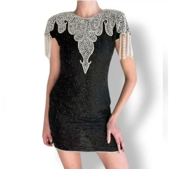 NEW 80s Vintage Lawrence Kazar 100% Silk Beaded and Pearls Evening Gown in Black - Picture 2 of 14